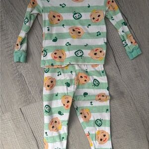Green and White Striped Pajama Set with Teddy Bear Print